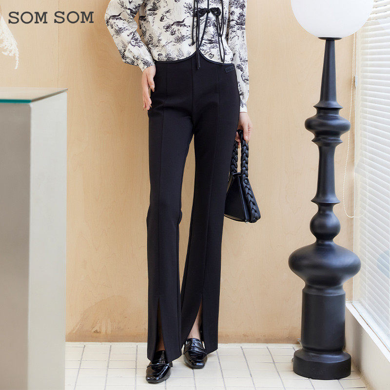 SOMSOM/索玛黑色高腰显瘦微喇叭裤女春秋复古气质通勤开叉长裤子,女装/女士精品,休闲裤,淘宝优惠券,粉丝福利购,淘宝优惠卷