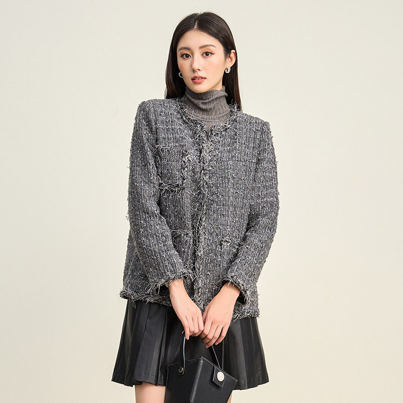 SOMSOM/索玛冬季新款深灰色粗花呢外套女长袖小香风气质上衣