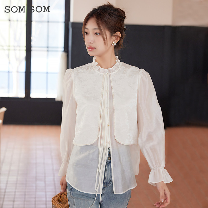 SOMSOM/索玛新中式国风假两件衬衫女长袖春季设计感百搭衬衣小衫