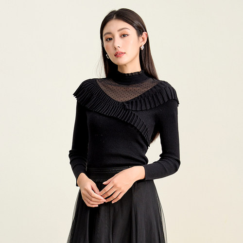 SOMSOM/索玛冬季新款半高领波点网纱拼接立体褶皱针织衫长袖