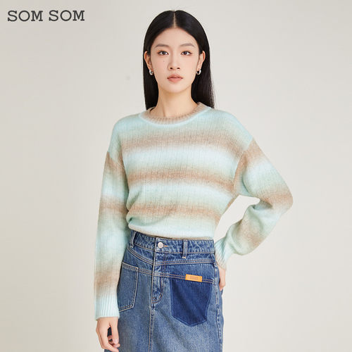 SOMSOM/索玛法式渐变系带条纹毛衫设计感女秋冬柔软绵羊毛针织衫