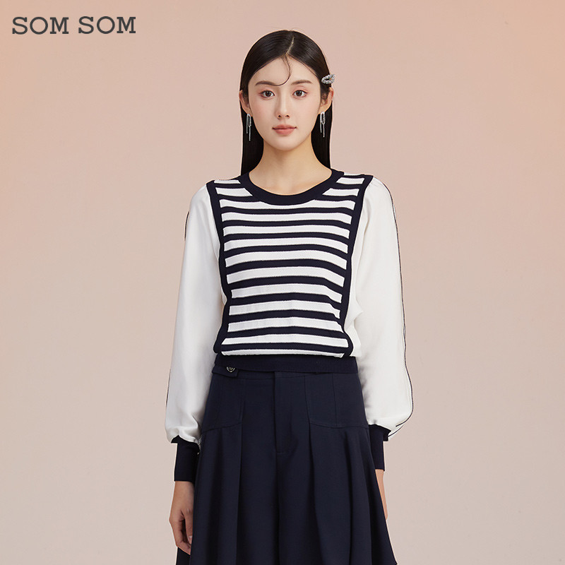 SOMSOM/索玛假两件圆领条纹针织衫女高级感春秋季长袖打底衫上衣