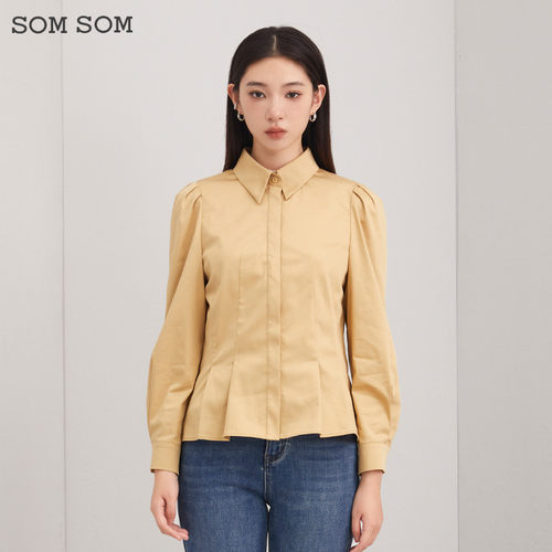 SOMSOM/索玛春秋通勤长袖衬衫女别致泡泡袖翻领衬衣时尚洋气上衣