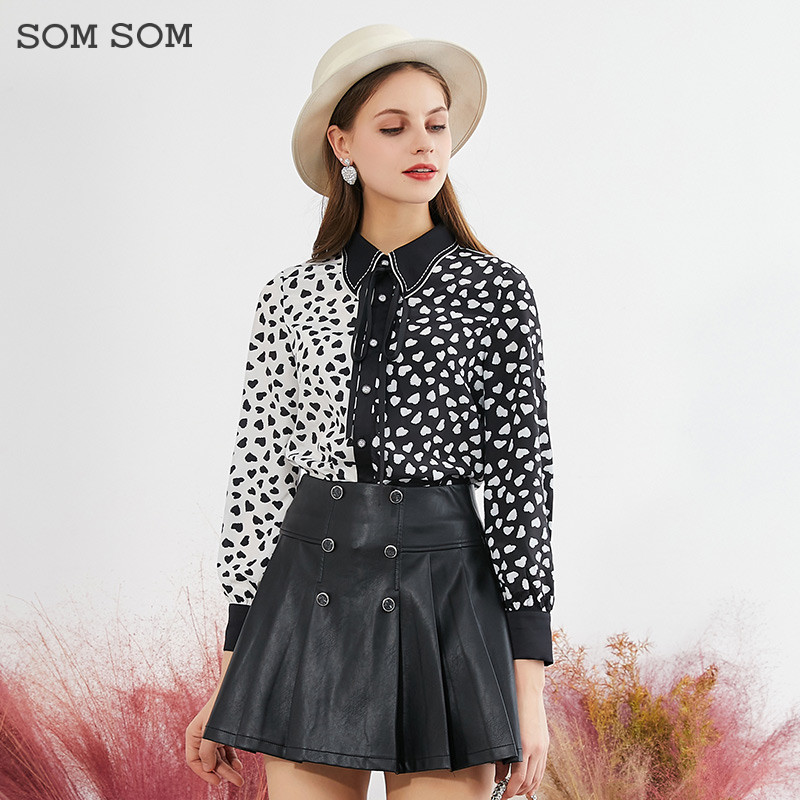 SOMSOM/索玛秋季长袖衬衫女复古印花撞色系带衬衣女