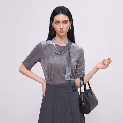 SOMSOM/索玛秋季轻奢质感风灰色圆领短袖飘带T恤女淑女风上衣
