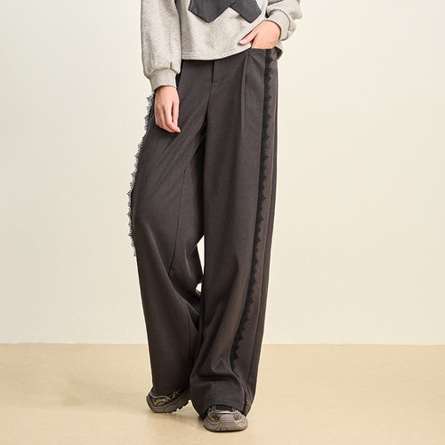 SOMSOM/索玛冬季新品蕾丝拼接宽松休闲垂感直筒裤时尚运动裤外穿