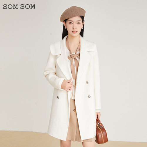 SOMSOM/索玛纯羊毛双面呢大衣女宽松中长款保暖双排扣毛呢外套冬