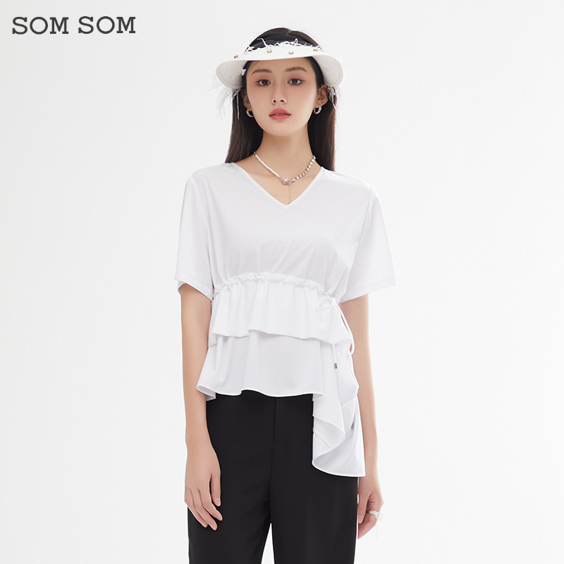 SOMSOM/索玛不规则抽绳短袖T恤女夏季设计感小众收腰v领半袖上衣