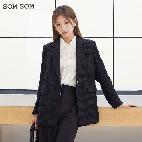 SOMSOM旗舰店新款2025春季宽松条纹一粒扣西装外套女百搭西服春秋