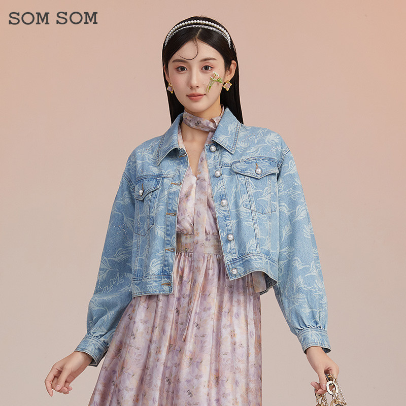 SOMSOM/索玛设计感小众蓝色牛仔外套女春秋季短款印花上衣