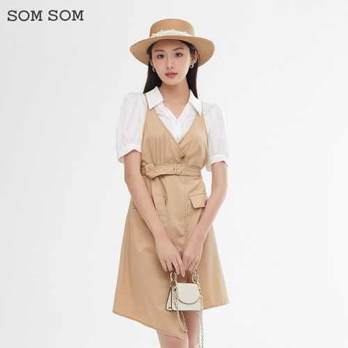 SOMSOM/索玛翻领假两件撞色短袖衬衫连衣裙女设计感小众雪纺裙子