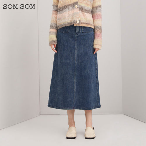 SOMSOM/索玛复古牛仔半身裙女百搭高腰显瘦秋季a字中长款休闲裙子