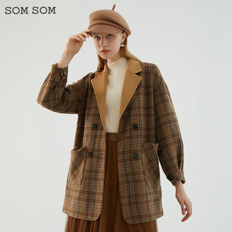 SOMSOM/索玛格子撞色羊毛呢子大衣女士冬季小个子毛呢外套中长款