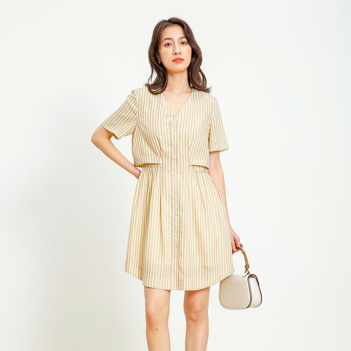 SOMSOM/索玛夏季条纹衬衫连衣裙女夏V领收腰短袖休闲中裙百搭