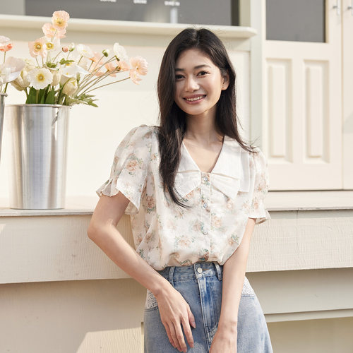 SOMSOM/索玛夏季新品复古田园娃娃领法式碎花甜美泡泡袖衬衫