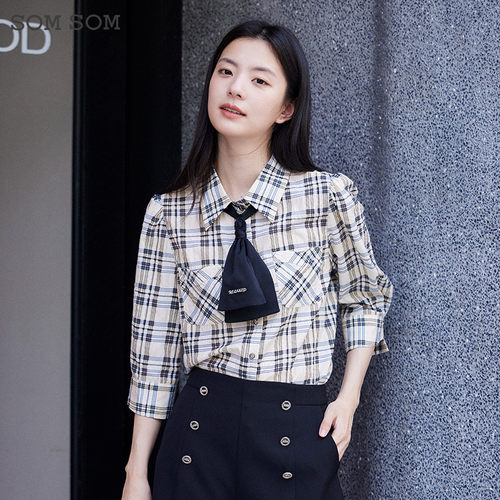 SOMSOM/索玛格纹七分袖上衣女百搭中袖气质百搭学院风减龄衬衫女