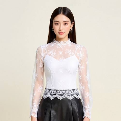 SOMSOM/索玛冬季新品复古精致立领镂空蕾丝长袖打底衫网纱针织衫