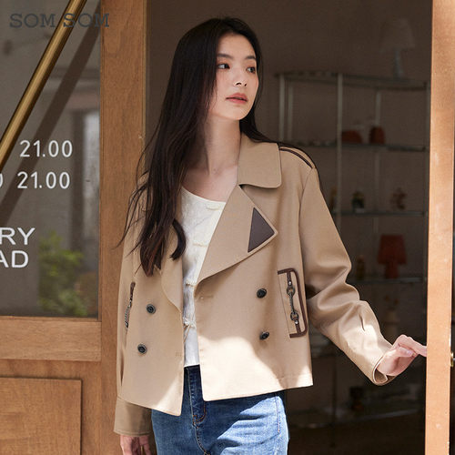 SOMSOM/索玛卡其色工装风衣女春秋季双排扣西装领英伦风长袖外套