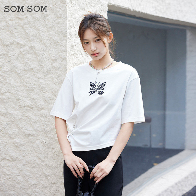 SOMSOM/索玛蝴蝶印花休闲上衣服夏季白色T恤短袖圆领套头薄款体恤