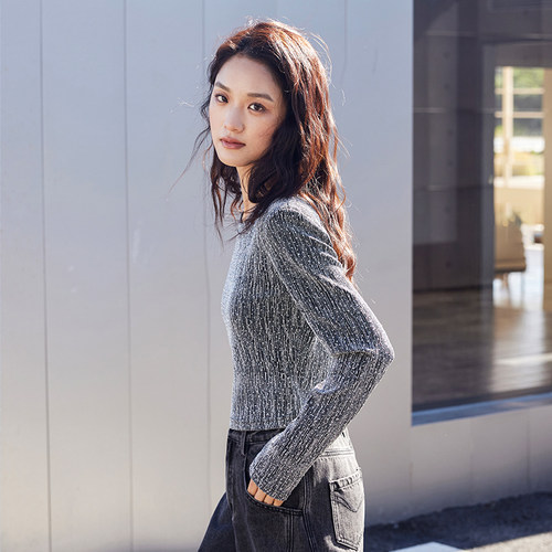 SOMSOM/索玛春季新款圆领气质亮丝百搭修身打底衫长袖T恤上衣