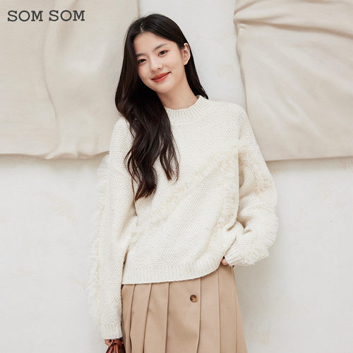 SOMSOM/索玛秋冬绵羊毛针织衫蕾丝拼接设计感半高领保暖百搭毛衫