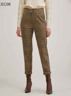 SOMSOM/索玛2022冬季新款格子休闲裤女小个子高腰直筒西装裤14463