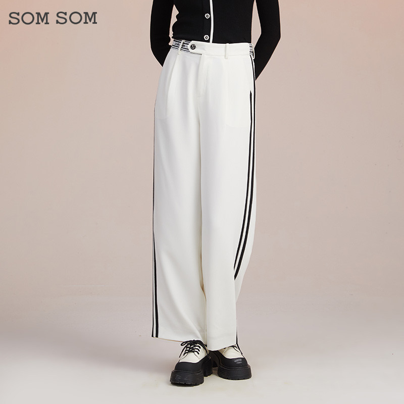 SOMSOM/索玛阔腿裤女高腰垂感长裤直筒春秋休闲竖条纹裤子