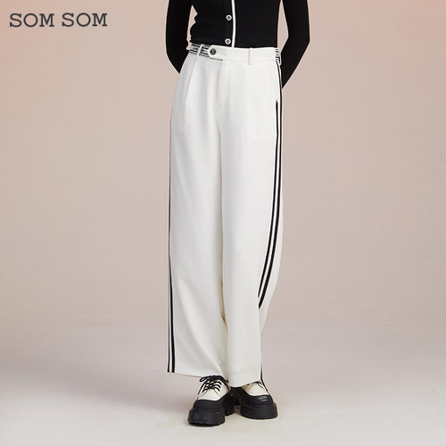 SOMSOM/索玛阔腿裤女高腰垂感长裤直筒春秋休闲竖条纹裤子