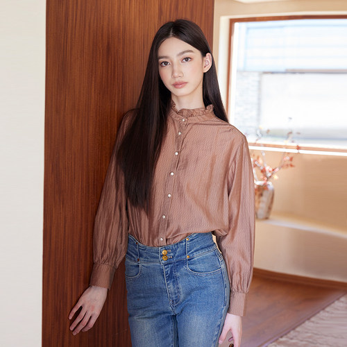 SOMSOM/索玛秋季新款棕色木耳边立领休闲百搭通勤长袖衬衫上衣