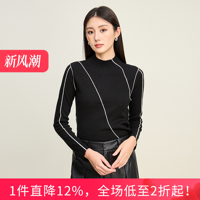 SOMSOM/索玛冬季新款线条针织衫女半高领上衣内搭长袖打底衫