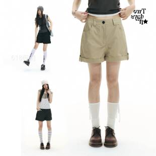 Twodaysoff双休日韩系千禧风高腰卷边卡其工装短裤女辣妹热裤三分