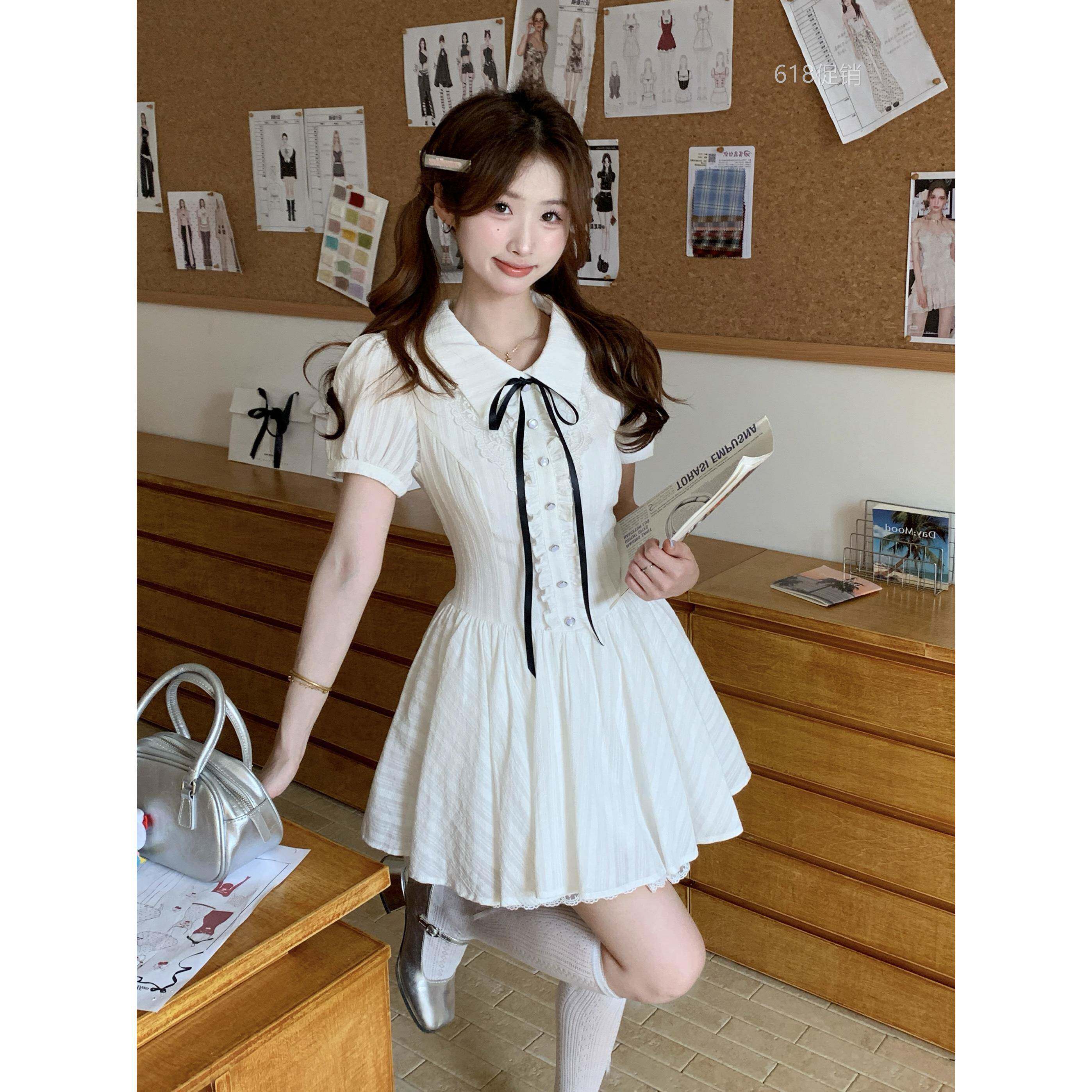 海雾星 夏日白茶 学院风夏季白色收腰甜美短袖泡泡袖洋装女