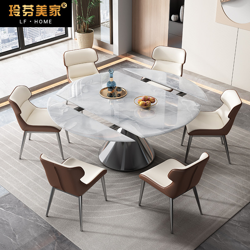 轻奢伸缩大理石餐桌椅组合超晶石可变圆桌小户型圆形折叠吃饭桌