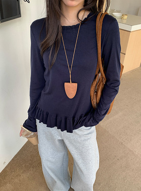 广州黄峥早秋木耳边下摆圆领长袖T恤女韩版纯色打底上衣530902