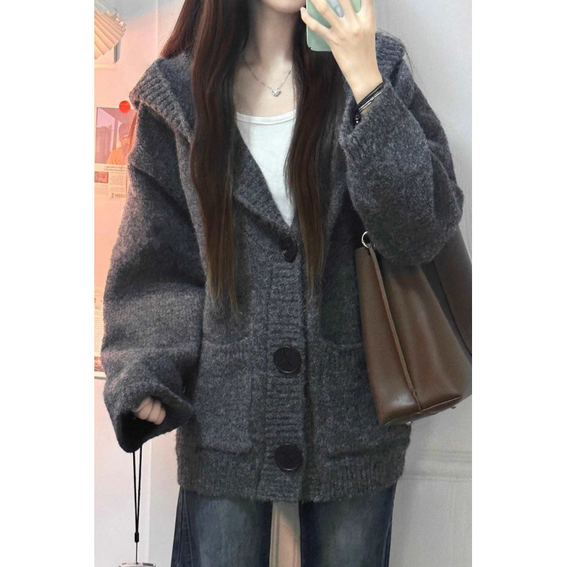 YS日韩休闲灰色连帽毛衣外套开衫女秋冬宽松显瘦慵懒风针织衫上衣