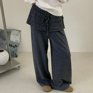 苏珊 韩系镂空花边屁帘阔腿裤女秋季高腰垂感宽松直筒休闲裤