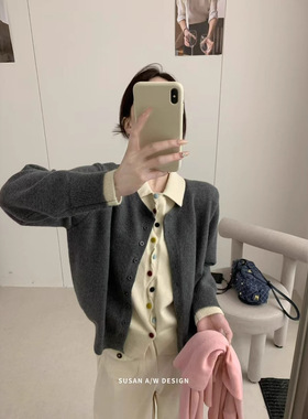 苏珊 2025秋冬季新款彩扣假两件设计感针织开衫宽松毛衣女26993