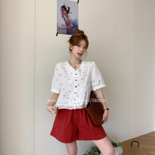 女夏季 蘇珊 韓系V領(lǐng)蕾絲拼接愛心波點(diǎn)短袖 襯衫 休閑百搭上衣GL58