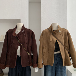 欧玛莱 立领双排扣长袖皮毛一体羊羔毛外套女麂皮绒机车服潮