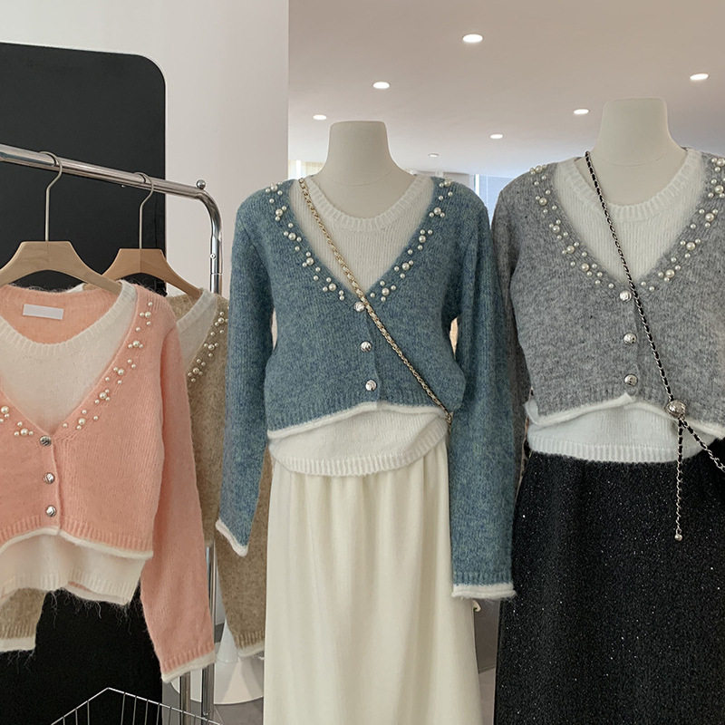 欧玛莱 小香风重工珍珠圆领软糯毛衣女秋冬宽松假两件针织衫1640,女装/女士精品,毛针织衫,淘宝优惠券,粉丝福利购,淘宝优惠卷