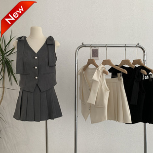 气质女9530 高腰百褶半身裙两件套时尚 欧玛莱 纯色蝴蝶结背心马甲