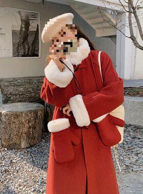 红色毛呢大衣秋冬女年新款复古牛角扣中长款兔毛呢子外套女潮