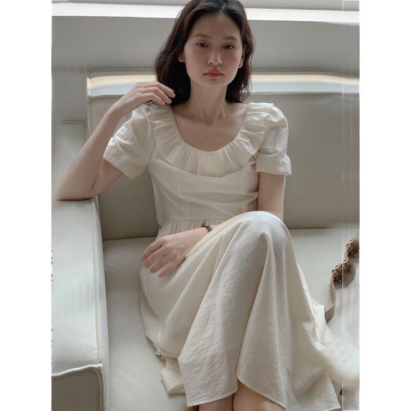 杏色褶皱圆领娃娃长裙女2024夏季新款显瘦高腰高级感a字连衣裙子