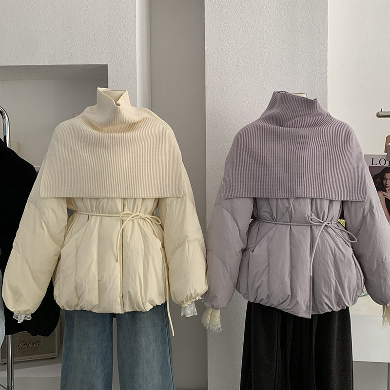 欧玛莱 针织披肩中长款羽绒服2025冬季新款收腰系带长袖外套 5844,女装/女士精品,羽绒服,淘宝优惠券,粉丝福利购,淘宝优惠卷