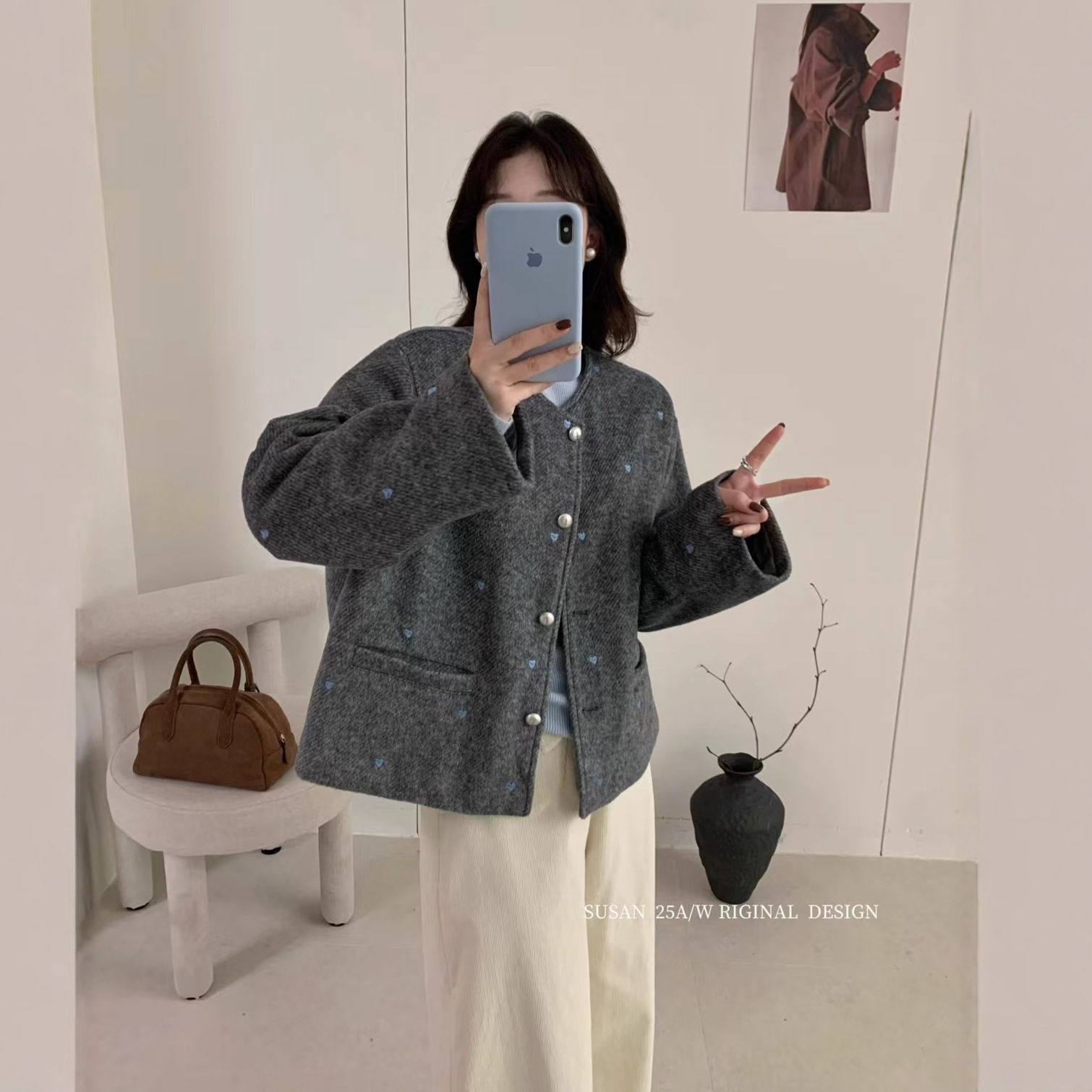 苏珊 2025秋冬款韩版爱心刺绣圆领毛呢外套韩版千金风上衣DW6317