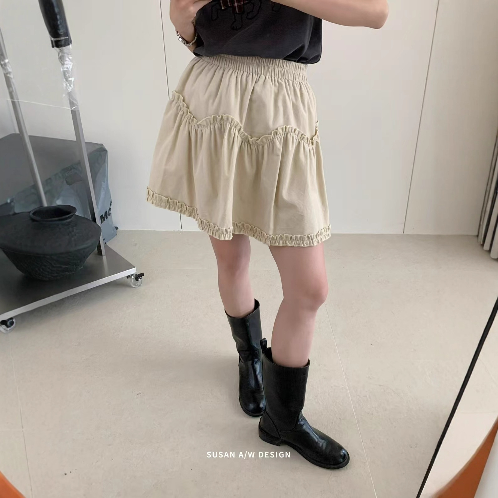 苏珊 韩系时尚减龄木耳边拼接半身裙女2025年新款褶皱短裙DW6223
