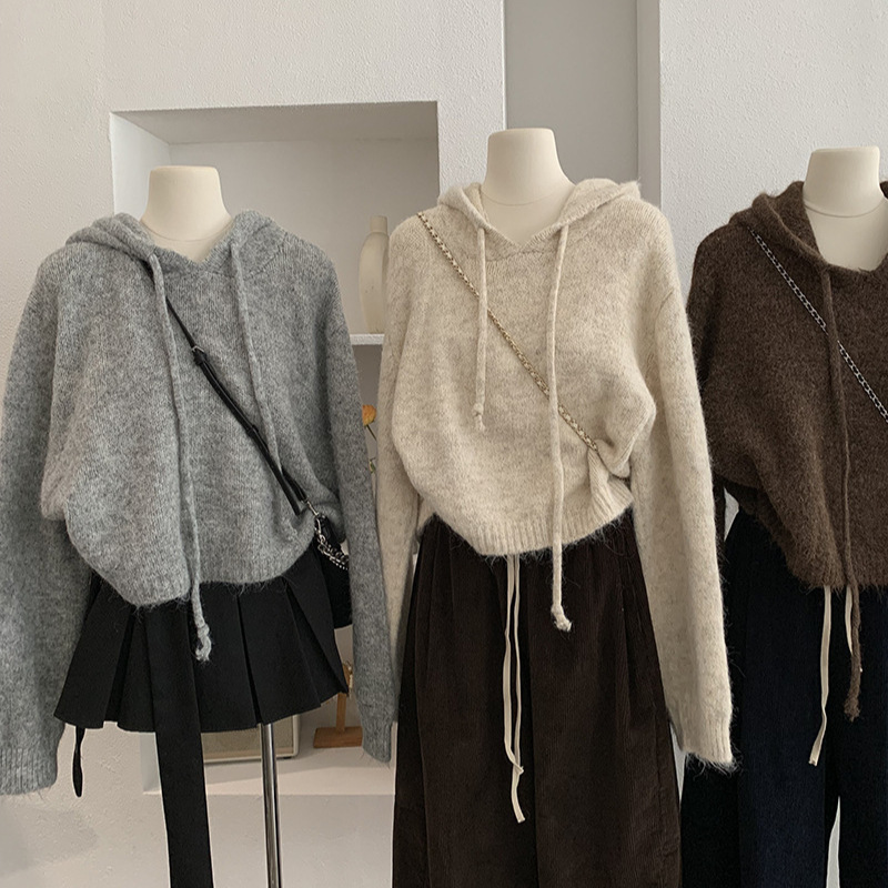 欧玛莱 复古风连帽毛衣2025秋冬新款韩版休闲宽松针织衫上衣 5341