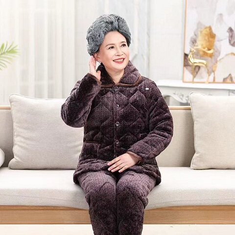 老年人特厚睡衣女冬珊瑚绒两件套