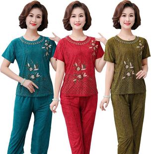 新款 老太太居家睡衣女夏季 老人奶奶套头休闲装 七分裤 冰丝透气短袖