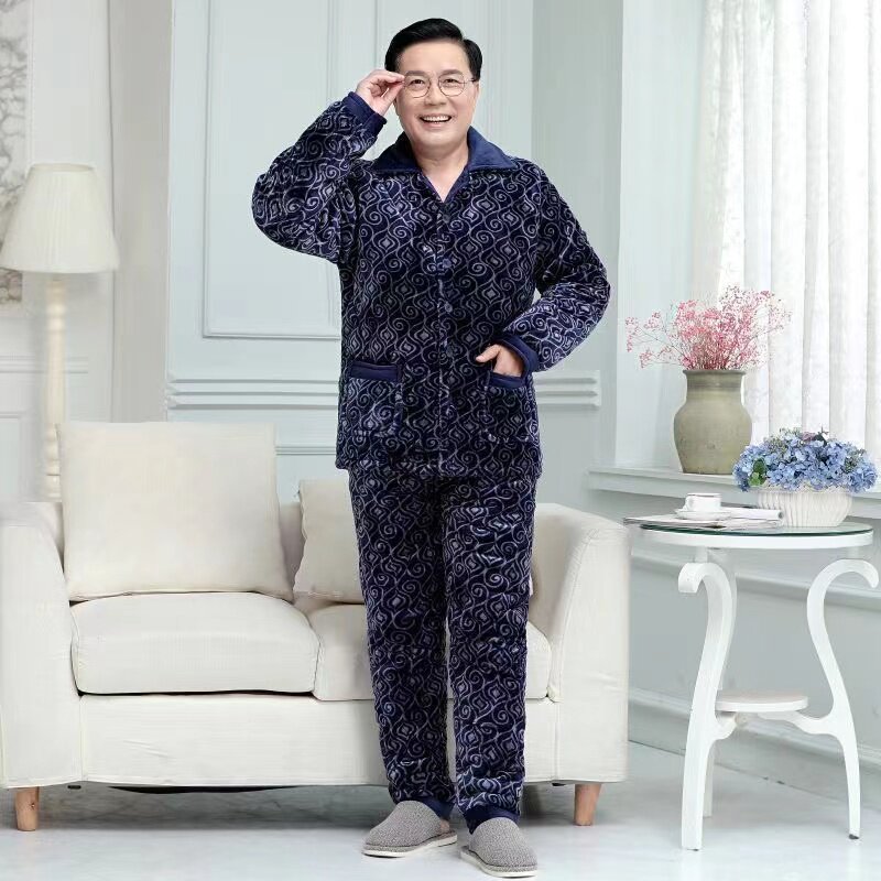 冬季爸爸外穿睡衣保暖珊瑚绒夹棉